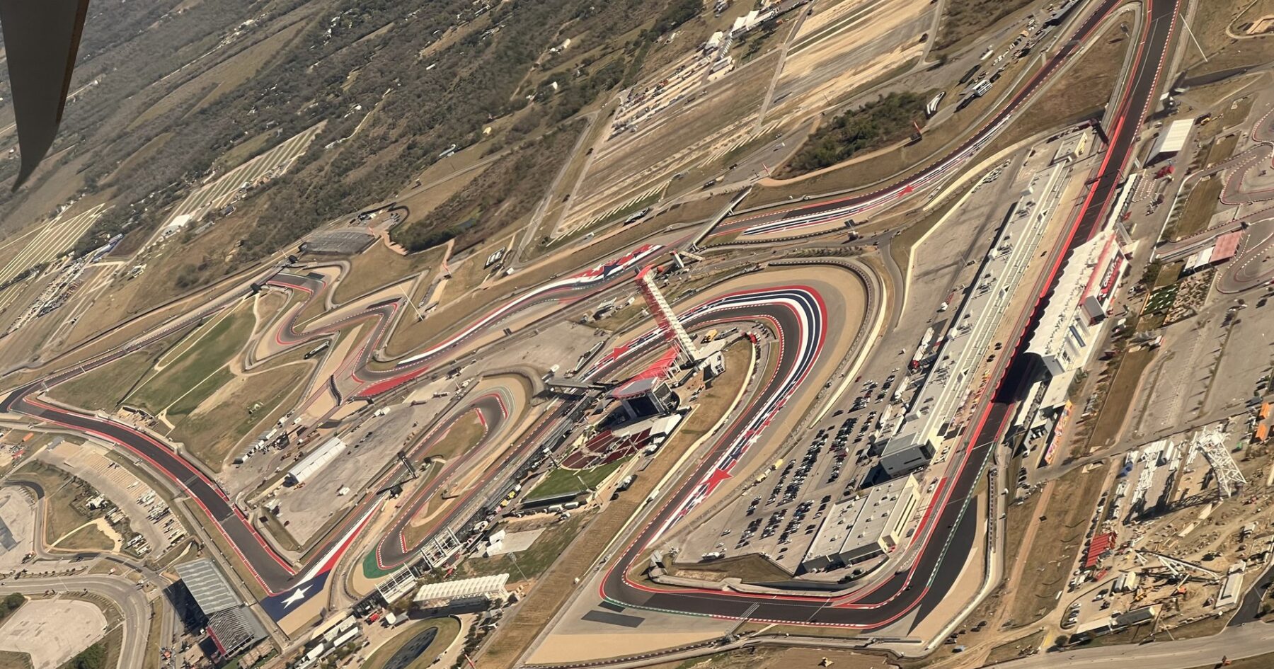 Aerial view of Circuit of the Americas near Austin, Texas, with its hairpin turns and the observation tower