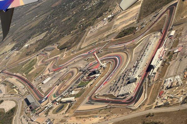 Aerial view of Circuit of the Americas near Austin, Texas, with its hairpin turns and the observation tower