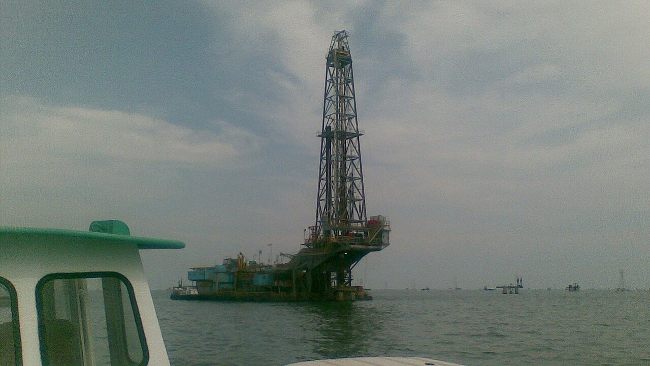 Offshore drilling rig on Lake Maracaibo in Venezuela seen from a boat