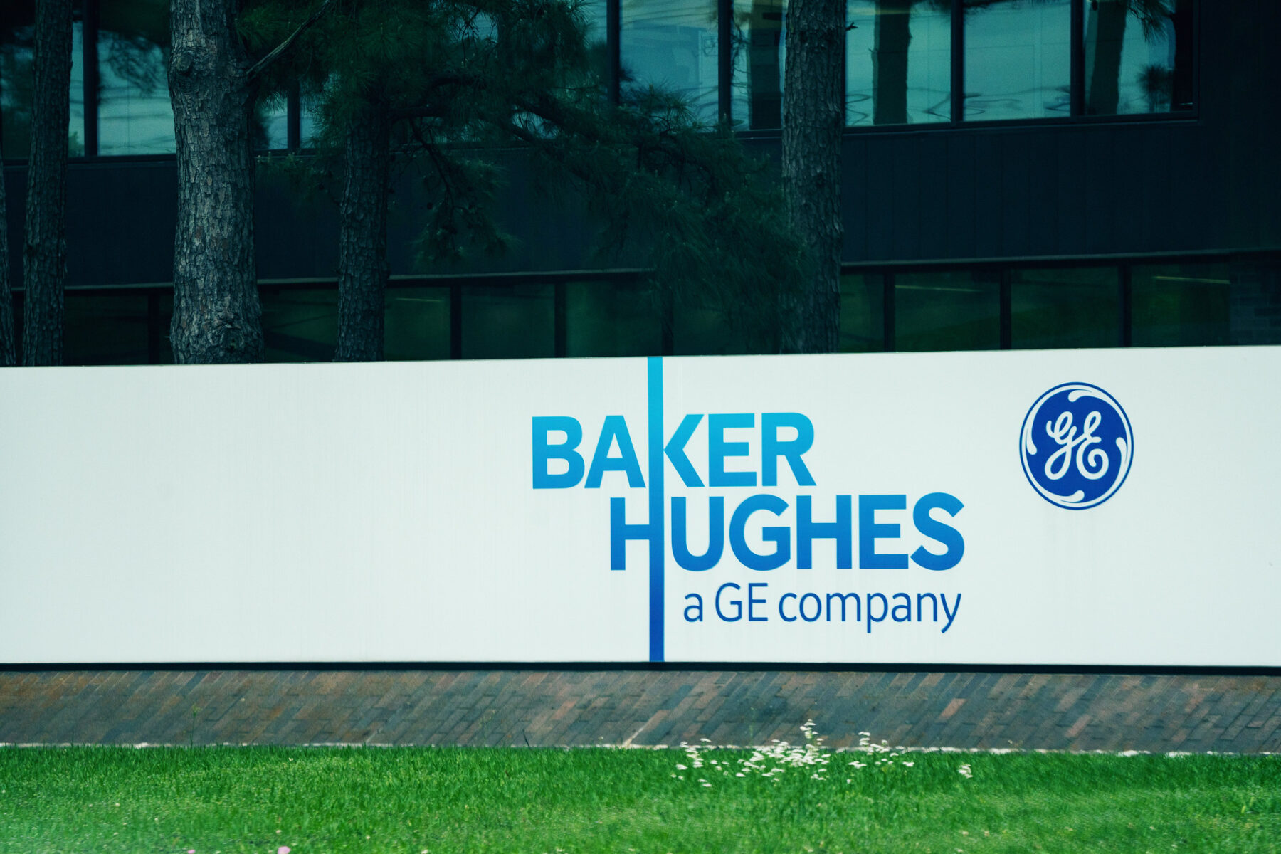 Sign outside the Baker Hughes corporate headquarters in Houston, Texas