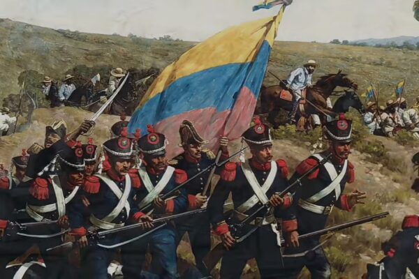 Venezuela history: detail of the Battle of Carabobo mural by Martín Tovar y Tovar, soldiers advancing under the tricolour flag