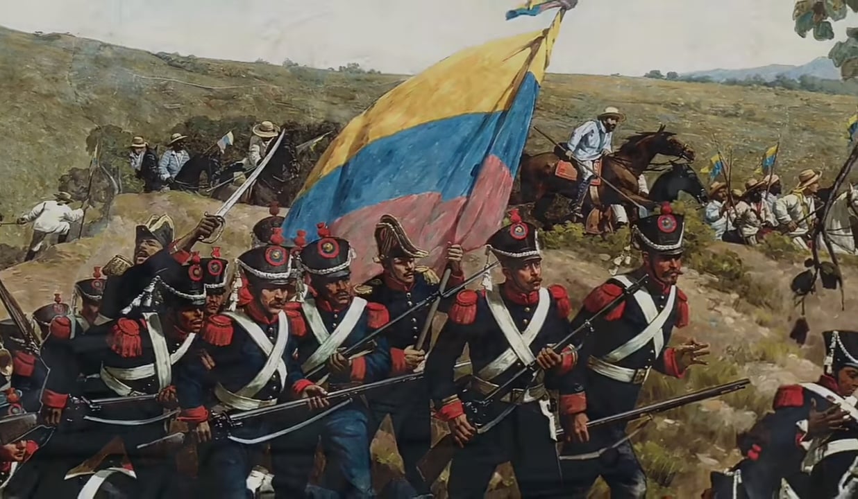 Venezuela history: detail of the Battle of Carabobo mural by Martín Tovar y Tovar, soldiers advancing under the tricolour flag