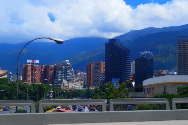 Caracas skyline with the Polar tower and the Ávila mountain range under cloud