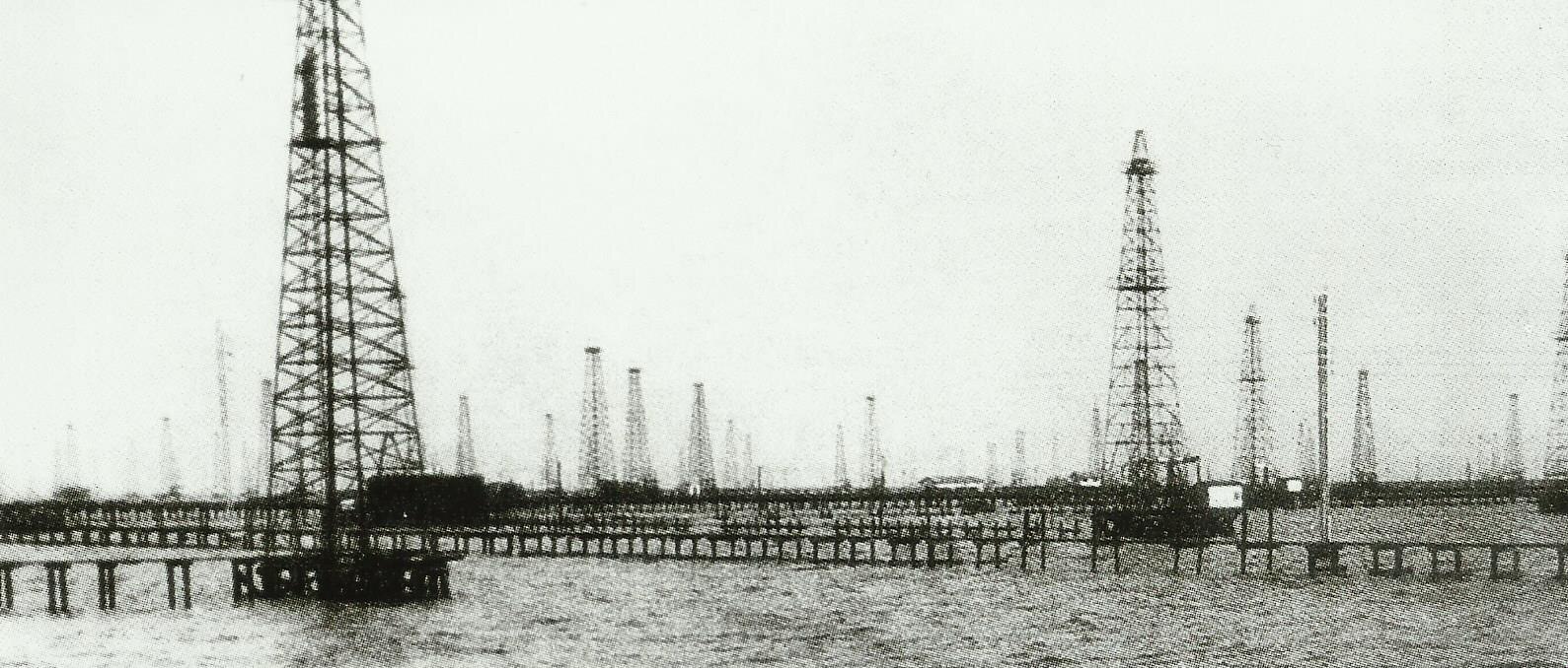 Oil derricks standing in the waters of Lake Maracaibo, Venezuela, in 1929
