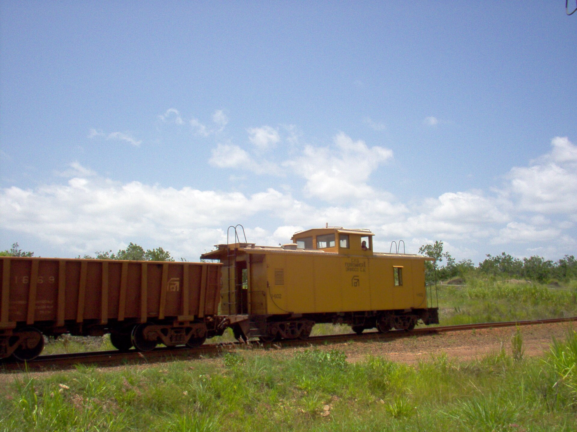 A Ferrominera Orinoco iron-ore train with its caboose on a line in Bolívar state, Venezuela