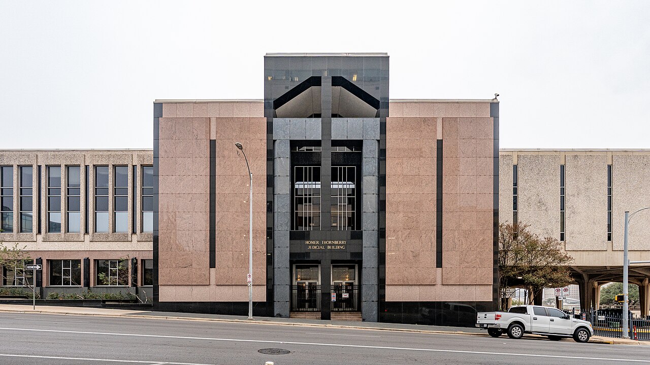 The Homer Thornberry Judicial Building, a federal courthouse in downtown Austin, Texas, seen from the street