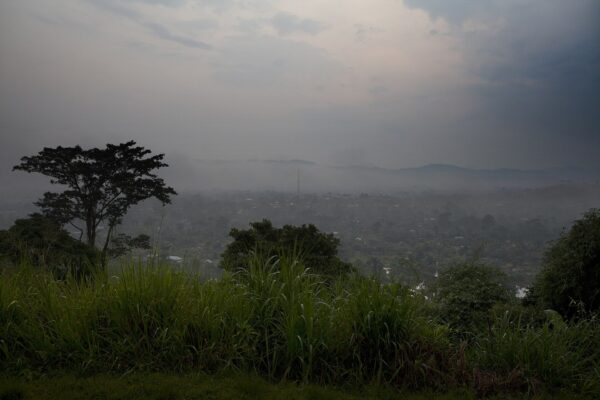 View over the town of Walikale in North Kivu, DR Congo, from a hillside under mist and low cloud