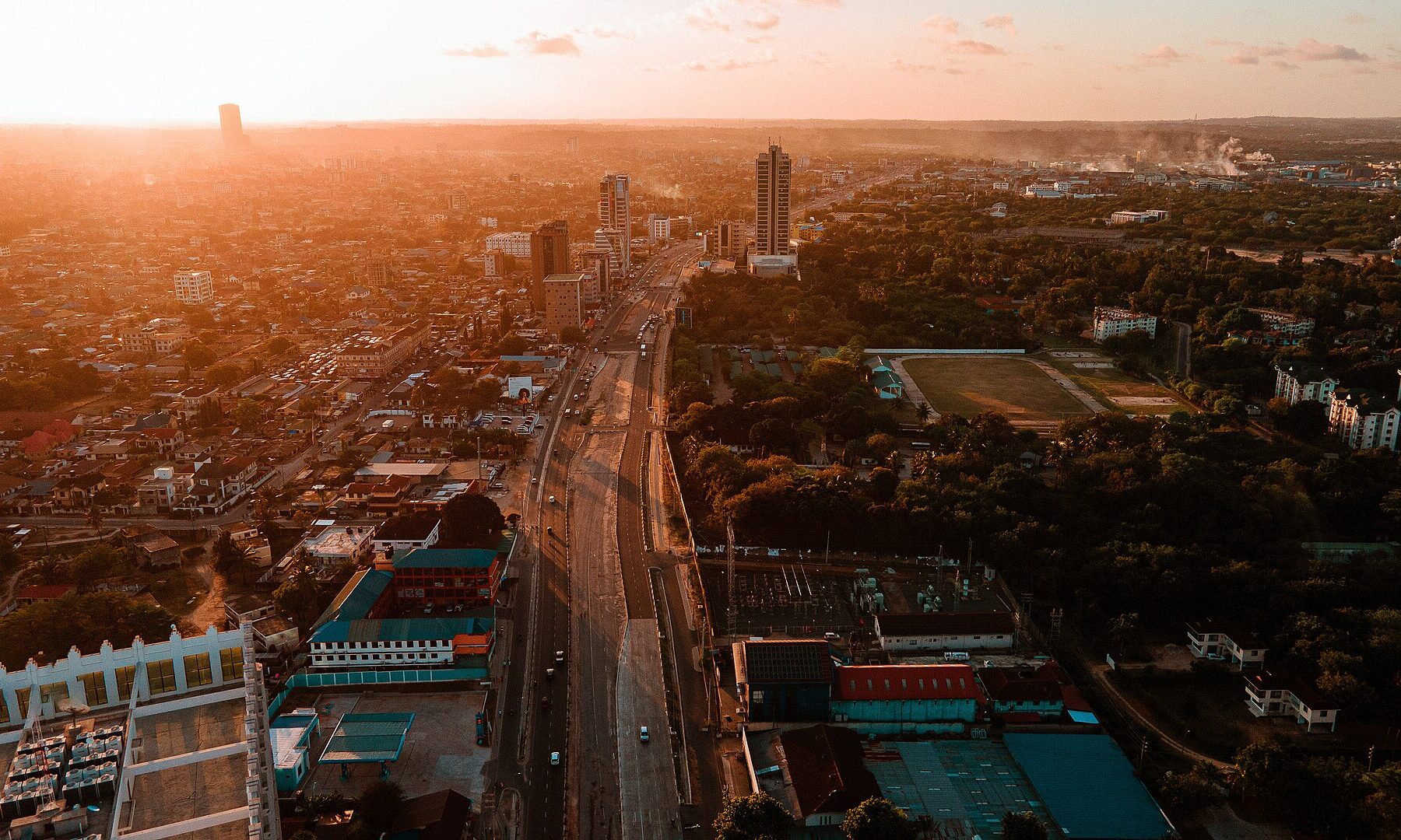 Aerial view of Dar es Salaam, Tanzania, along Bagamoyo Road at sunset