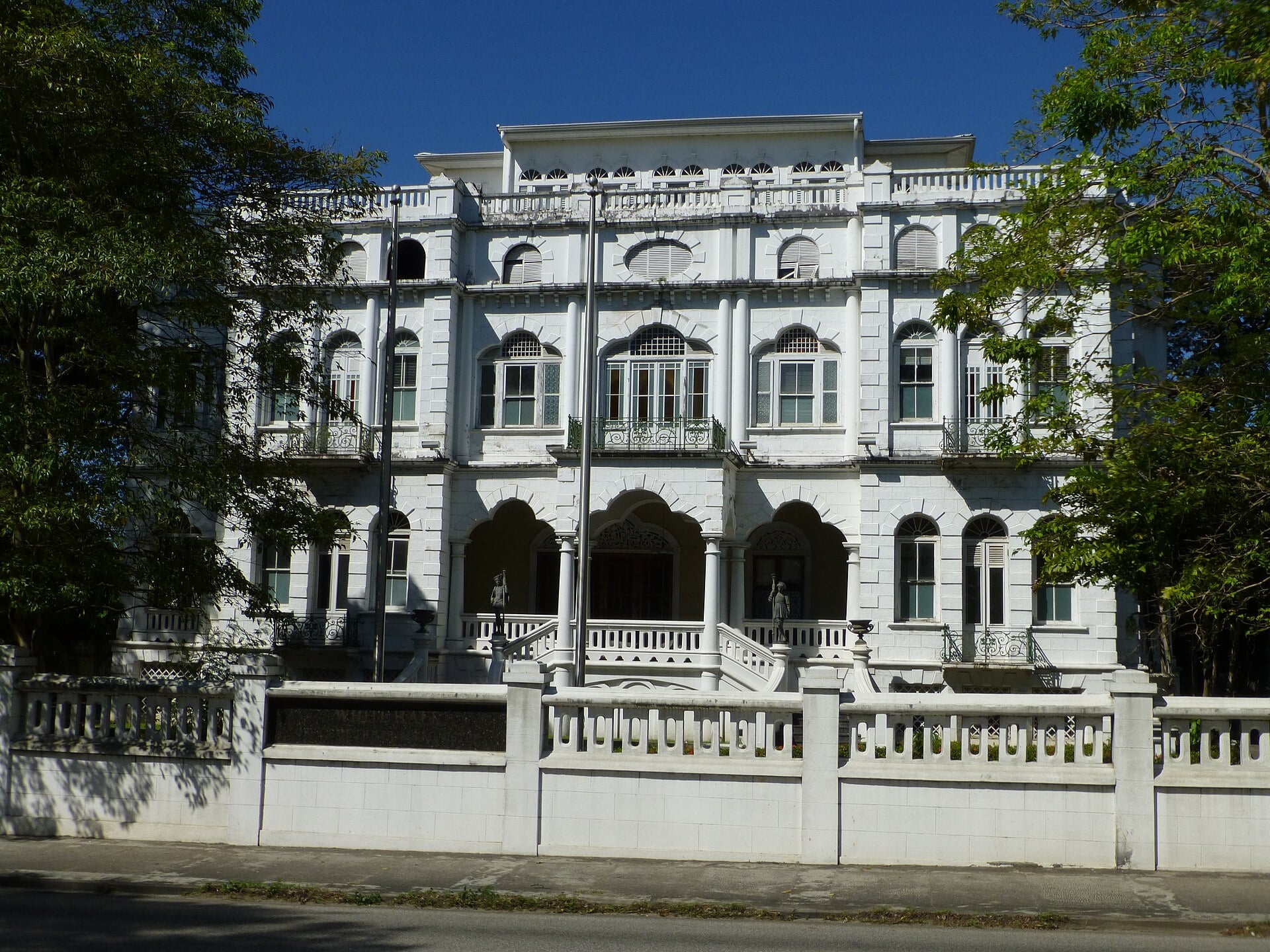 Whitehall, the white Moorish-style mansion housing Trinidad and Tobago's Office of the Prime Minister, in Port of Spain