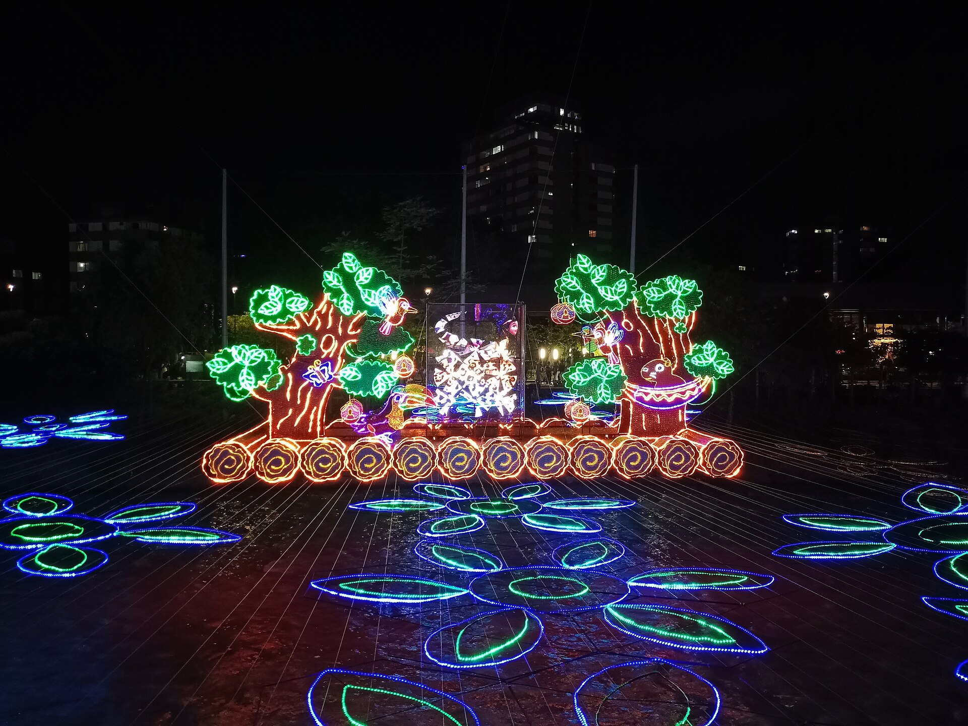 A lit display of trees with green leaves and a glowing panel on a platform of round lights, with glowing leaf shapes on the ground at night