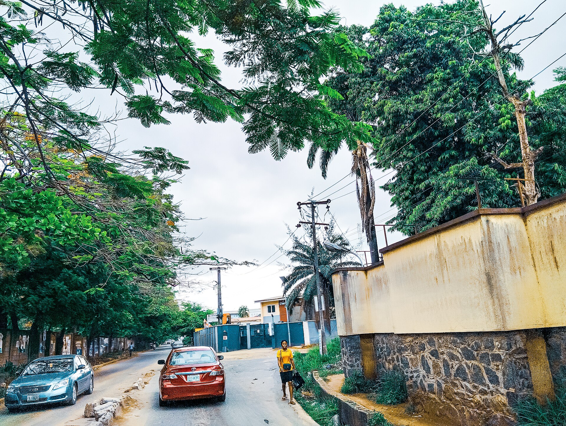 A tree-lined residential street with parked cars, a red car driving away and a woman in a yellow top walking beside a cream boundary wall