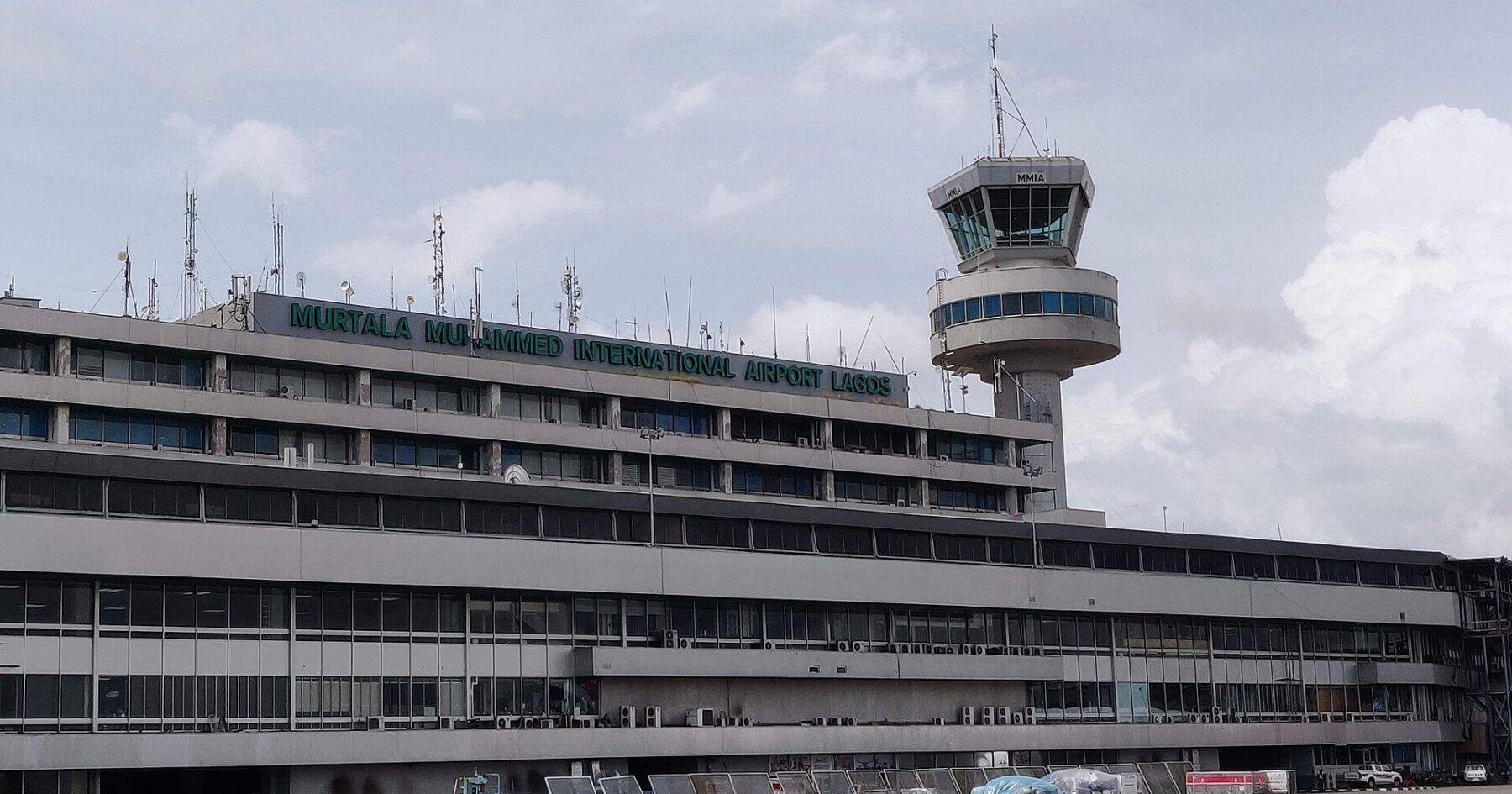 The Murtala Muhammed International Airport Lagos terminal building with its control tower and apron in the foreground