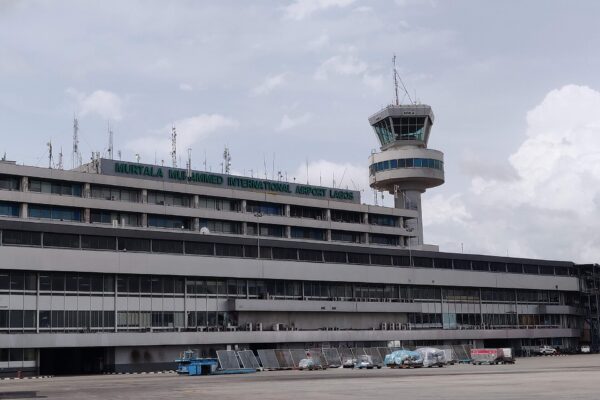 The Murtala Muhammed International Airport Lagos terminal building with its control tower and apron in the foreground