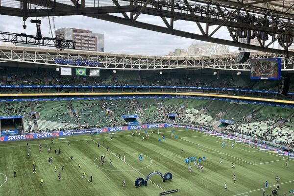Players warm up on the pitch at the Allianz Parque stadium in São Paulo, now called Nubank Parque.