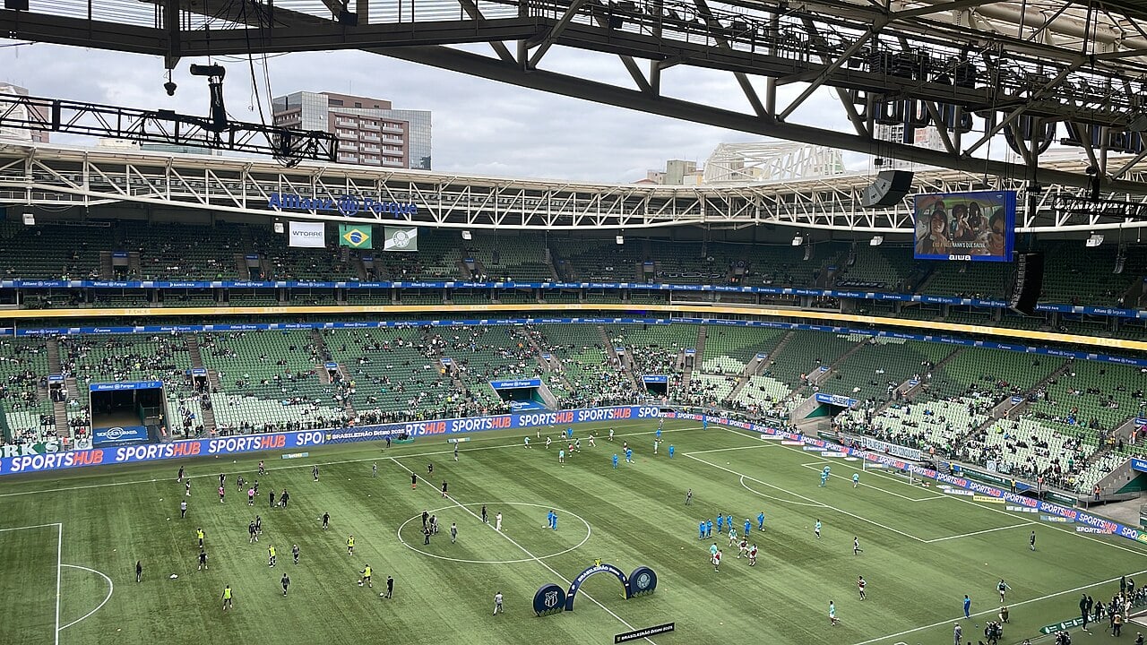 Players warm up on the pitch at the Allianz Parque stadium in São Paulo, now called Nubank Parque.