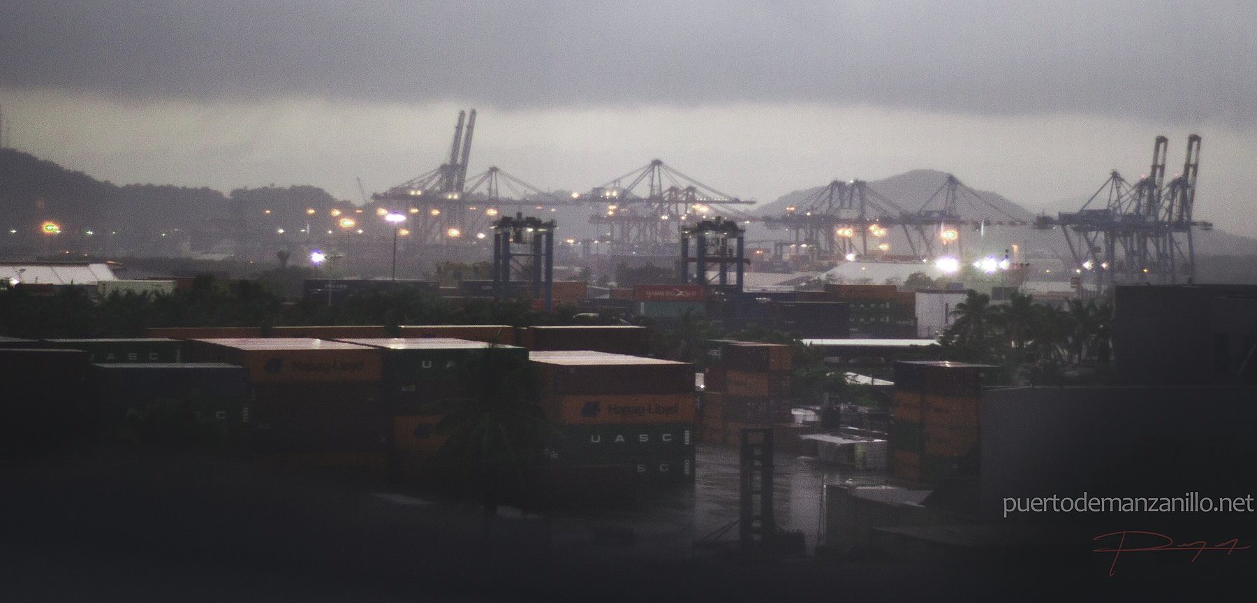 Container stacks and rows of ship-to-shore gantry cranes at a port terminal under a dark, rainy sky at dusk, with green hills behind and a website watermark in the lower right corner