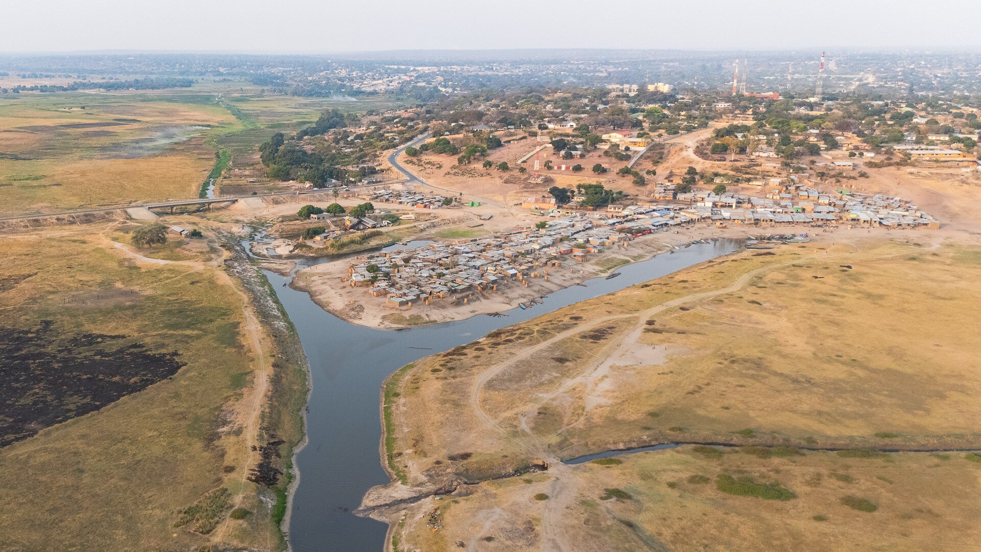 Aerial view of Mongu in Zambia, where the built-up edge of the town meets the Zambezi floodplain