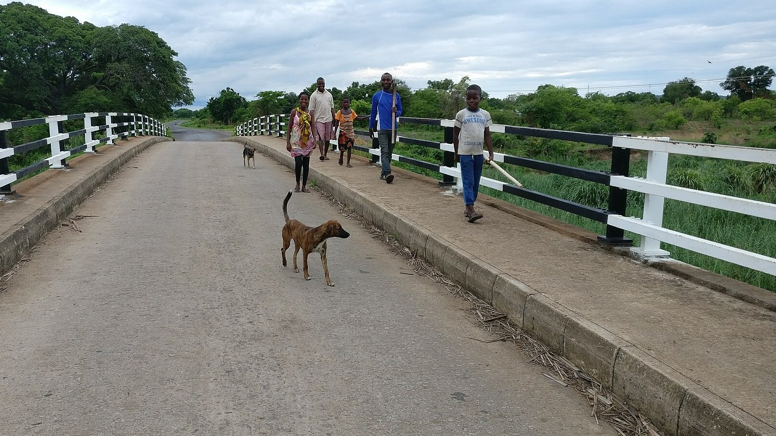 A family walks to their field over a bridge during the farming season in Eastern Province, Zambia