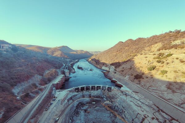 Kariba Dam on the Zambezi River with rehabilitation works at the base of the dam wall