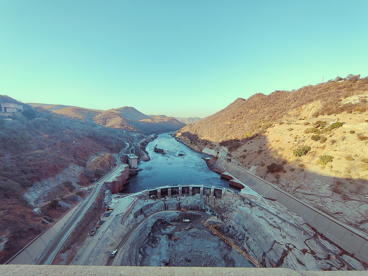 Kariba Dam on the Zambezi River with rehabilitation works at the base of the dam wall