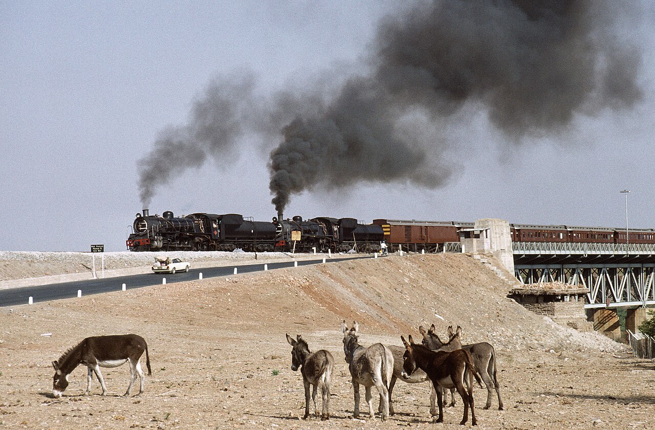 Two steam locomotives pull a passenger train off the rail bridge at Beitbridge into Zimbabwe, with donkeys grazing in the foreground